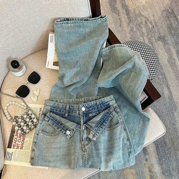 women's jeans design fake twopiece double waist distressed summer fashion chic pants female straight blue denim trousers 230824
women's jeans design fake twopiece double waist distressed summer fashion chic pants female straight blue denim trousers 230824