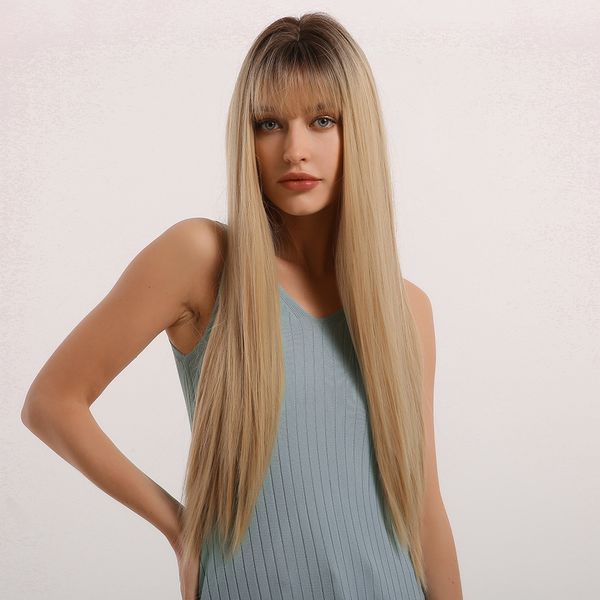 natural blonde long straight wig with fringes synthetic fiber wig with ombre dark roots middle parting 26 inches length, Black
natural blonde long straight wig with fringes synthetic fiber wig with ombre dark roots middle parting 26 inches length, Black