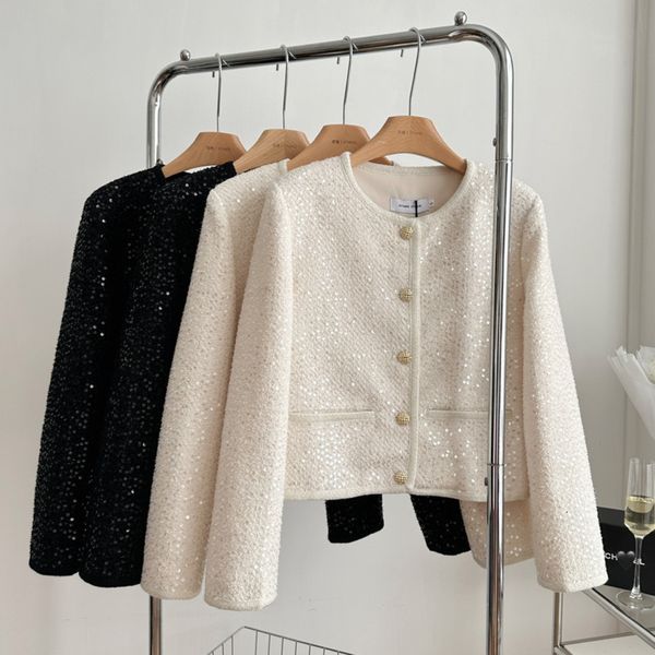 women's wool blends autumn winter french luxury sequins small fragrance tweed coat for women y2k streetwear jackets outwear chaquetas 2, Black
women's wool blends autumn winter french luxury sequins small fragrance tweed coat for women y2k streetwear jackets outwear chaquetas 2, Black
