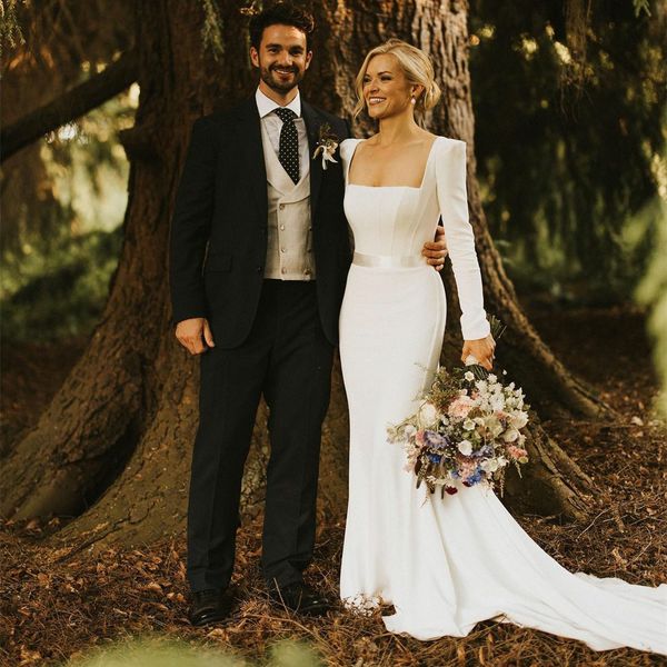 vintage long crepe sqaure collar wedding dresses mermaid ivory pleats buttons back sweep train bridal gown with sleeves vestido de novia wom, White
vintage long crepe sqaure collar wedding dresses mermaid ivory pleats buttons back sweep train bridal gown with sleeves vestido de novia wom, White