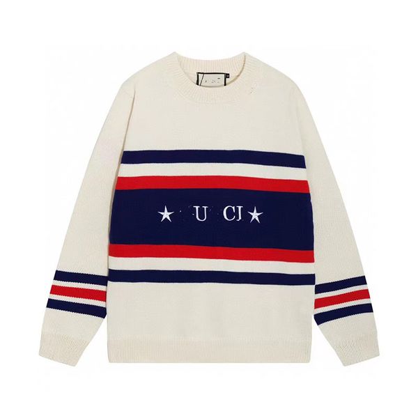 designer sweater red and blue striped jacquard stars embroidered round neck fur couple hoodie, White;black
designer sweater red and blue striped jacquard stars embroidered round neck fur couple hoodie, White;black