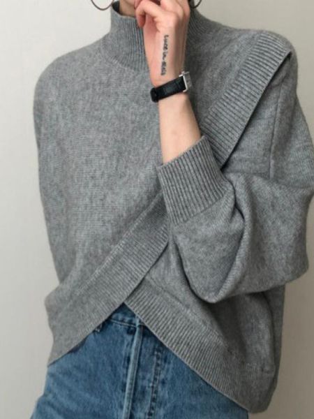 women's sweaters 2023 autumn and winter half high collar cross irregular loose long sleeve knitted thickened sweater woman solid color, White;black
women's sweaters 2023 autumn and winter half high collar cross irregular loose long sleeve knitted thickened sweater woman solid color, White;black