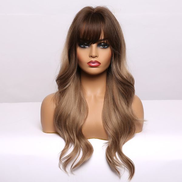 long body wave brown wigs heat resistant synthetic ombre wigs with bangs for women daily wear, Black
long body wave brown wigs heat resistant synthetic ombre wigs with bangs for women daily wear, Black