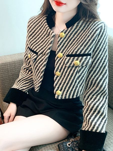 women's wool blends fashion korean chic vintage stripe tweed jacket coat women spring contrast color cropped jackets elegant office lad, Black
women's wool blends fashion korean chic vintage stripe tweed jacket coat women spring contrast color cropped jackets elegant office lad, Black