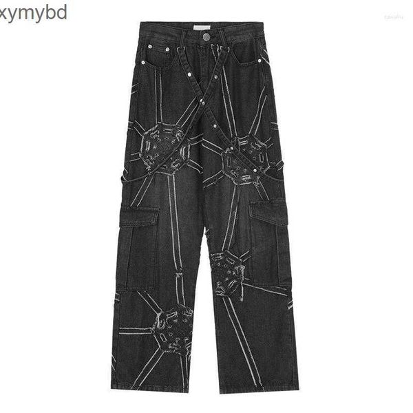 men's jeans hi street black baggy casual pants harajuku streetwear net splicing washed denim trousers for male loose fit, Blue
men's jeans hi street black baggy casual pants harajuku streetwear net splicing washed denim trousers for male loose fit, Blue