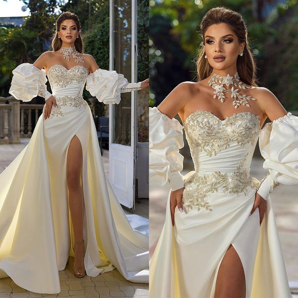 satin mermaid wedding dress off shoulder lace appliques vestido de noiva removable short sleeve side split bridal gowns, White
satin mermaid wedding dress off shoulder lace appliques vestido de noiva removable short sleeve side split bridal gowns, White