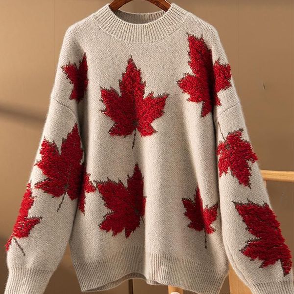 women's sweaters maple leaf pattern panel oneck knitted pullover loose casual sweater 230824, White;black
women's sweaters maple leaf pattern panel oneck knitted pullover loose casual sweater 230824, White;black