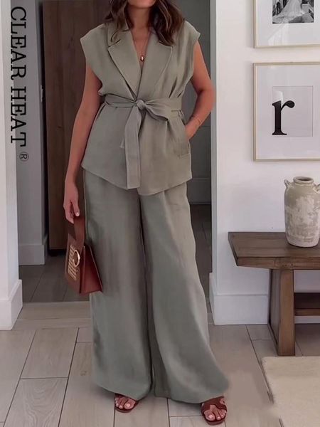 women's two piece pants female vintage chic solid casual trousers sets sleeveless lapel belt straight loose suit 2023 fashion women out, White
women's two piece pants female vintage chic solid casual trousers sets sleeveless lapel belt straight loose suit 2023 fashion women out, White