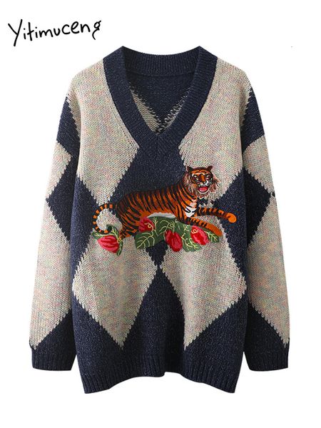 women's sweaters yitimuceng animal contrast color sweater women 2023 autumn winter fashion loose long sleeve pullovers v neck jumpers 2, White;black
women's sweaters yitimuceng animal contrast color sweater women 2023 autumn winter fashion loose long sleeve pullovers v neck jumpers 2, White;black