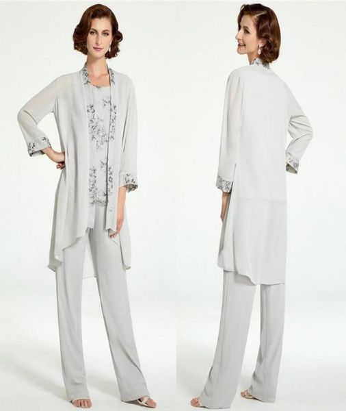 modest silver gray three pieces mother of bride pant suits a line flowy chiffon jewel neck appluques long jacket mother dress form1314796, Black;red