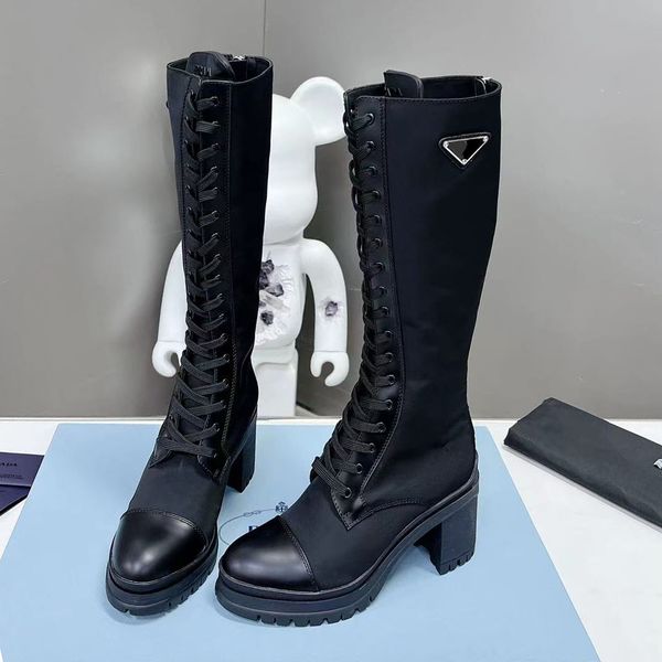 triangle brushed leather nylon knee boots chunky block heels almond toe lace-up zip booties women's luxury designers fashion shoes fact, Black
triangle brushed leather nylon knee boots chunky block heels almond toe lace-up zip booties women's luxury designers fashion shoes fact, Black