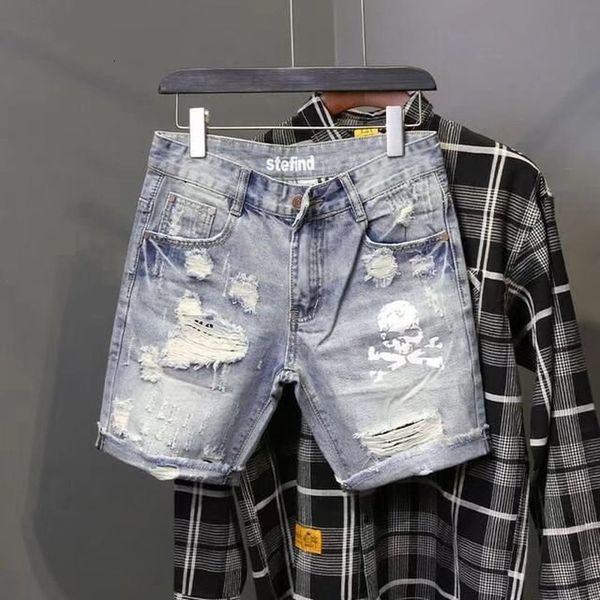 men's jeans summer ripped hole beggar short pants men's personality skeleton skull printed korean slim fitting cowboy denim shorts, Blue
men's jeans summer ripped hole beggar short pants men's personality skeleton skull printed korean slim fitting cowboy denim shorts, Blue