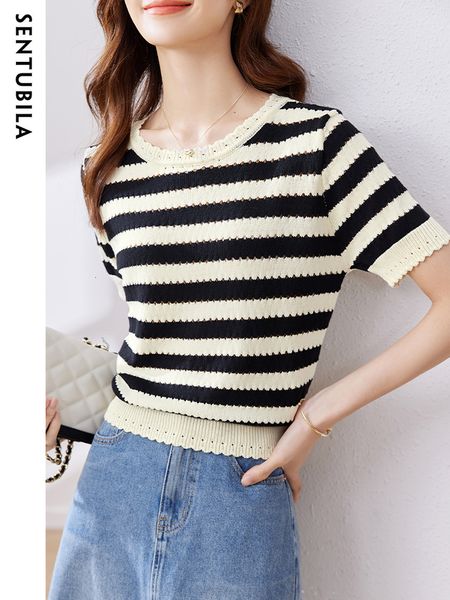women's sweaters sentubila summer striped knitwears sweater for women 2023 short sleeves hollow out fashion o neck tshirt clothing 230, White;black
women's sweaters sentubila summer striped knitwears sweater for women 2023 short sleeves hollow out fashion o neck tshirt clothing 230, White;black