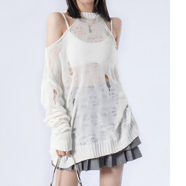 women's sweaters deeptown gothic black ripped mesh sweater women harajuku knitted jumper offshoulder knitwear korean fashion goth y2k s, White;black
women's sweaters deeptown gothic black ripped mesh sweater women harajuku knitted jumper offshoulder knitwear korean fashion goth y2k s, White;black