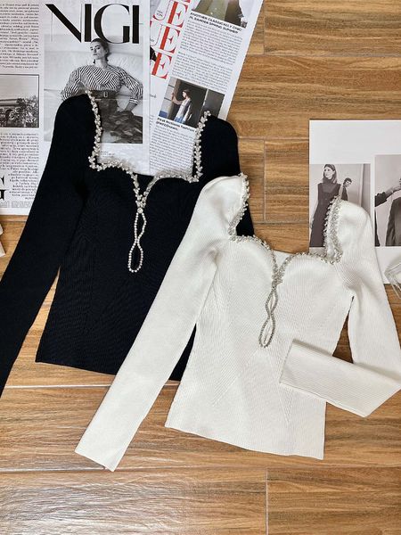 women's sweaters 2023 women spring and autumn classic fashion comfortable slim jersey with diamond chain 230824, White;black
women's sweaters 2023 women spring and autumn classic fashion comfortable slim jersey with diamond chain 230824, White;black