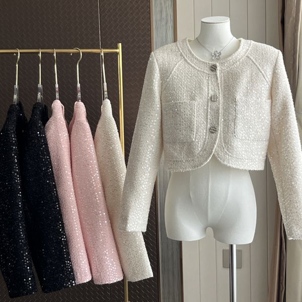women's wool blends french luxury sequin small fragrant tweed jacket for women autumn winter korean fashion short coats 230824, Black
women's wool blends french luxury sequin small fragrant tweed jacket for women autumn winter korean fashion short coats 230824, Black