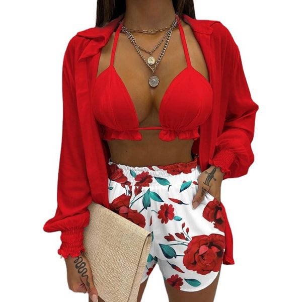women's two piece pants fashion print high waist bikini sets 3 pieces womem's long sleeve shirt crop loose shorts pockets holiday, White
women's two piece pants fashion print high waist bikini sets 3 pieces womem's long sleeve shirt crop loose shorts pockets holiday, White