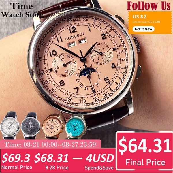 wristwatches corgeut 42mm automatic men's watch date day month year rose gold dial multifunction 316l leather strap polished case day n, Slivery;brown
wristwatches corgeut 42mm automatic men's watch date day month year rose gold dial multifunction 316l leather strap polished case day n, Slivery;brown
