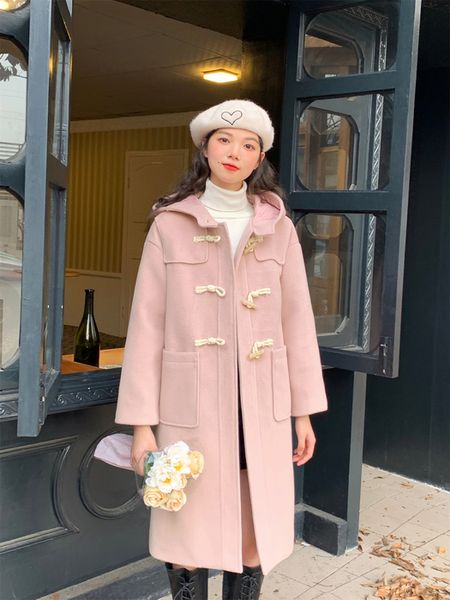 womens wool blends winter wear thickened college style hooded woolen coat medium length cow horn button women 230824, Black
womens wool blends winter wear thickened college style hooded woolen coat medium length cow horn button women 230824, Black