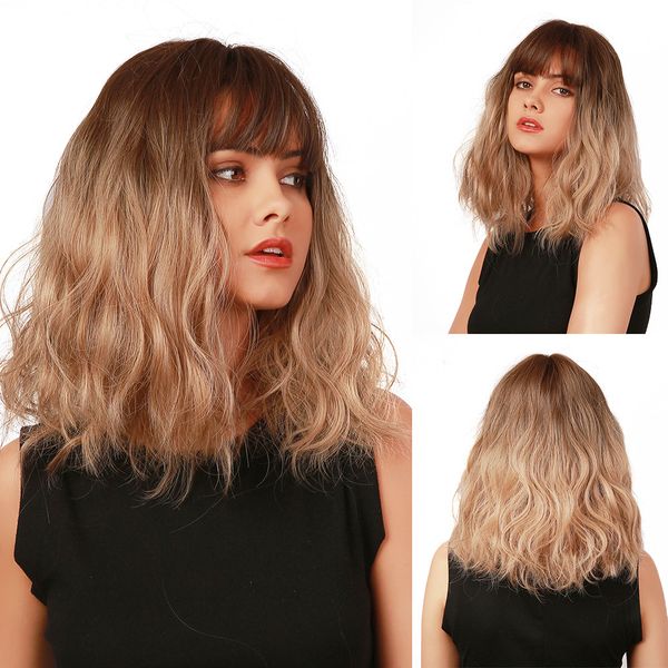 shoulder length wavy dark brown to light blonde wigs with bangs heat resistant synthetic wigs dress party wig, Black
shoulder length wavy dark brown to light blonde wigs with bangs heat resistant synthetic wigs dress party wig, Black