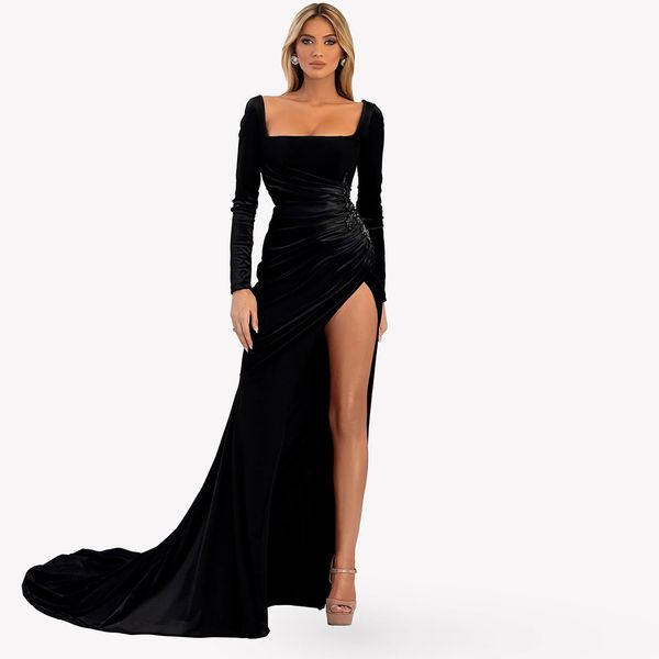 black velvet mermaid evening dresses square neck long sleeve celebrity gown side split ruched anniversary dress, Black;red
black velvet mermaid evening dresses square neck long sleeve celebrity gown side split ruched anniversary dress, Black;red