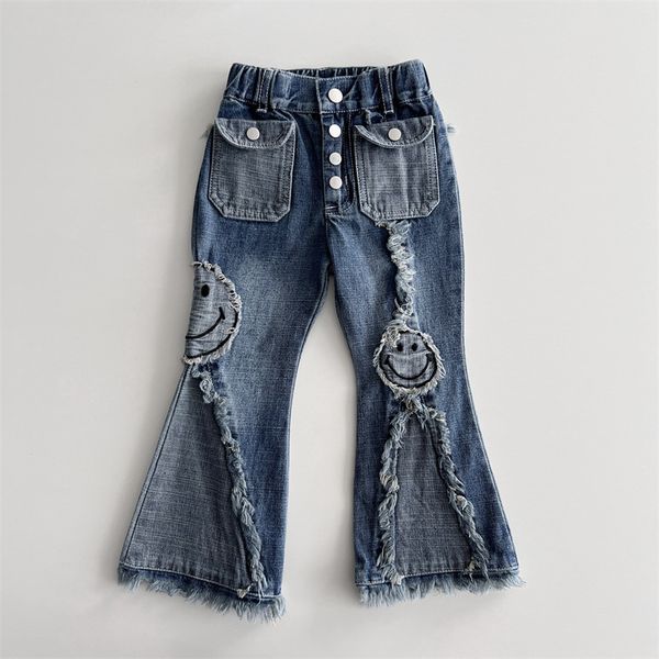 fashion girls smile face embroidery appliques patch jeans kids double pocket tassel denim flared pants ins children boot cut cowboys trouser, Blue
fashion girls smile face embroidery appliques patch jeans kids double pocket tassel denim flared pants ins children boot cut cowboys trouser, Blue