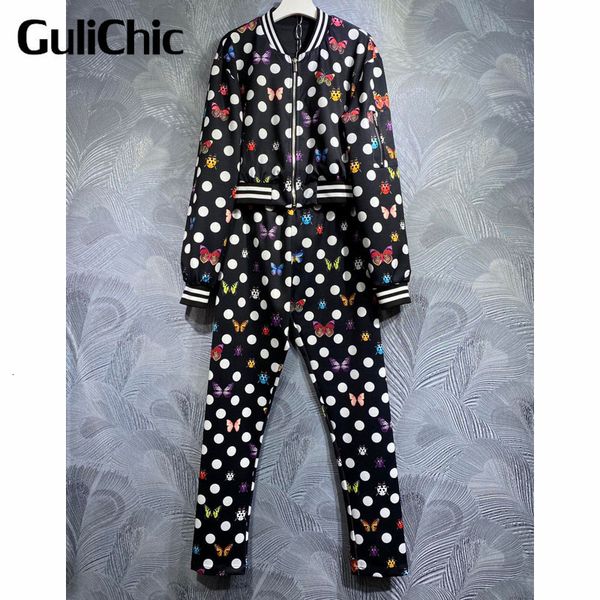 women's two piece pants 729 gulichic women fashion butterfly ladybird polka dot print long sleeve zipper jacket and elastic waist pant, White
women's two piece pants 729 gulichic women fashion butterfly ladybird polka dot print long sleeve zipper jacket and elastic waist pant, White
