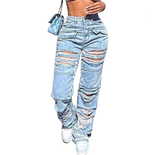 women's jeans broken holes wide leg denim pants female comfortable casual high waist straight jean multipocket decoration trousers 2308, Blue
women's jeans broken holes wide leg denim pants female comfortable casual high waist straight jean multipocket decoration trousers 2308, Blue