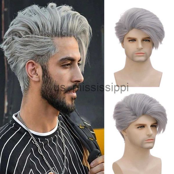 synthetic wigs men short straight grey synthetic wig heat resistant fiber wig with long bang for male party cosplay use x0826, Black 
synthetic wigs men short straight grey synthetic wig heat resistant fiber wig with long bang for male party cosplay use x0826, Black
