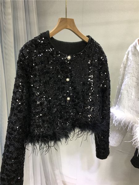 women blends luxury beading sequin outwear 2023 autumn winter all match ostrich hair shiny black long sleeve short jackets lady 230826
women blends luxury beading sequin outwear 2023 autumn winter all match ostrich hair shiny black long sleeve short jackets lady 230826