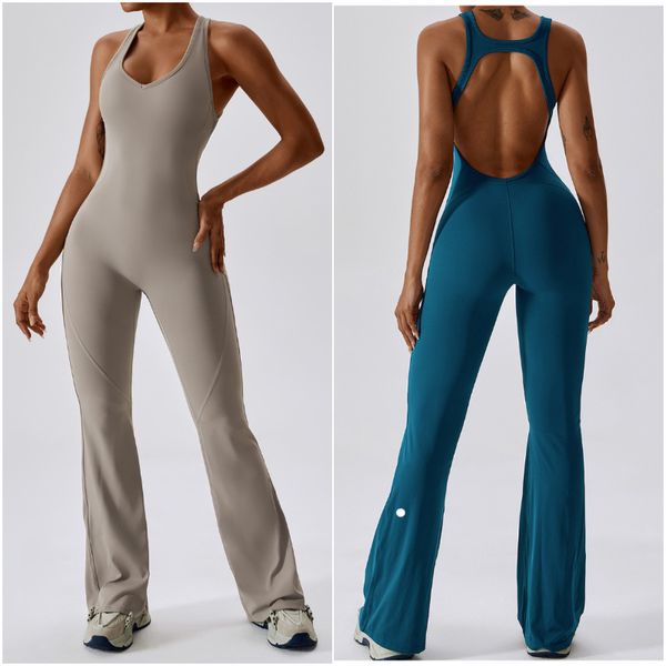 

ll-8117 womens jumpsuits one piece yoga outfits sleeveless close-fitting dance jumpsuit long pants fast dry breathable bell-bottoms pants