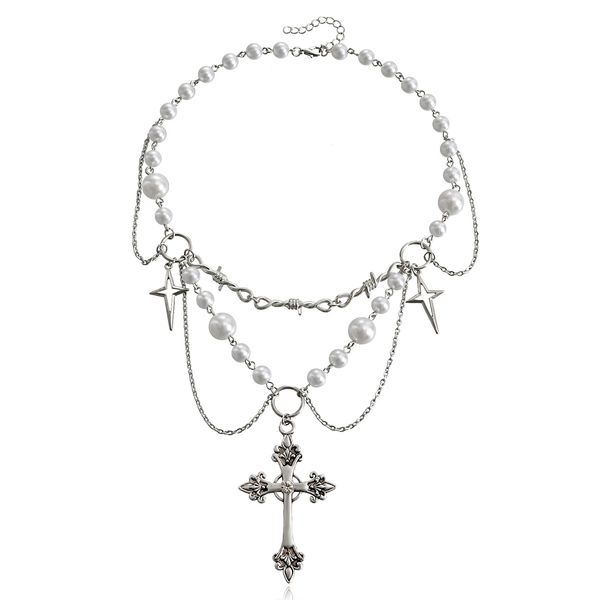 design a double-layer highlighter pearl necklace with fringe cross necklace for women, Silver
design a double-layer highlighter pearl necklace with fringe cross necklace for women, Silver