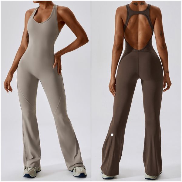 

ll-8117 womens jumpsuits one piece yoga outfits sleeveless close-fitting dance jumpsuit long pants fast dry breathable bell-bottoms pants