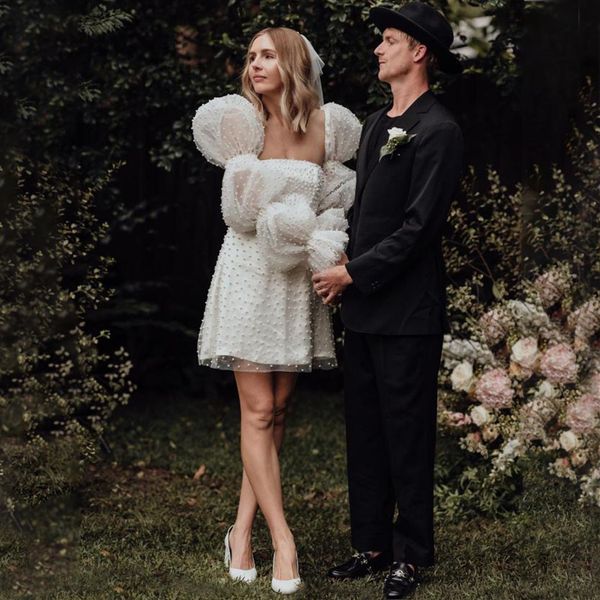 a line short wedding dress pearls studded long puff sleeves luxe square neck princess bridal dresses wedding gown custom made vestidos de no, White
a line short wedding dress pearls studded long puff sleeves luxe square neck princess bridal dresses wedding gown custom made vestidos de no, White