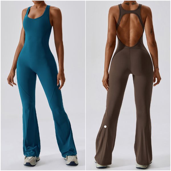 

ll-8117 womens jumpsuits one piece yoga outfits bell-bottoms pants sleeveless close-fitting dance jumpsuit exercise long pants breathable