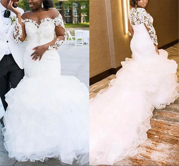 plus size wedding dresses long sleeves mermaid bridal gowns applique lace beaded sheer neckline ruffles sweep train vestido de novia, White
plus size wedding dresses long sleeves mermaid bridal gowns applique lace beaded sheer neckline ruffles sweep train vestido de novia, White