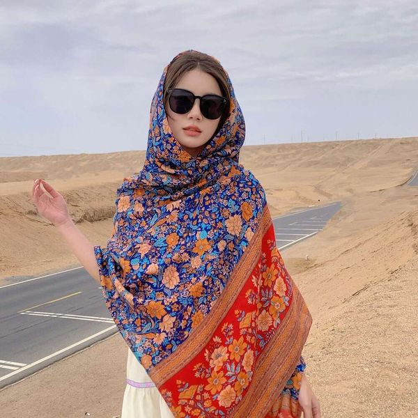 red and blue floral scarf cotton linen bohemian travel sunblock shawl, Blue;gray
red and blue floral scarf cotton linen bohemian travel sunblock shawl, Blue;gray