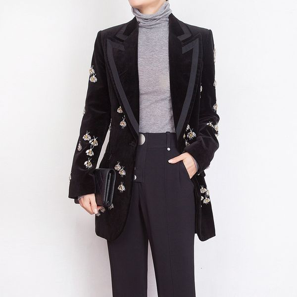 women's wool blends luxury heavy work beaded diamond small bee long suit jacket female spring self-cultivation temperament velvet small, Black
women's wool blends luxury heavy work beaded diamond small bee long suit jacket female spring self-cultivation temperament velvet small, Black
