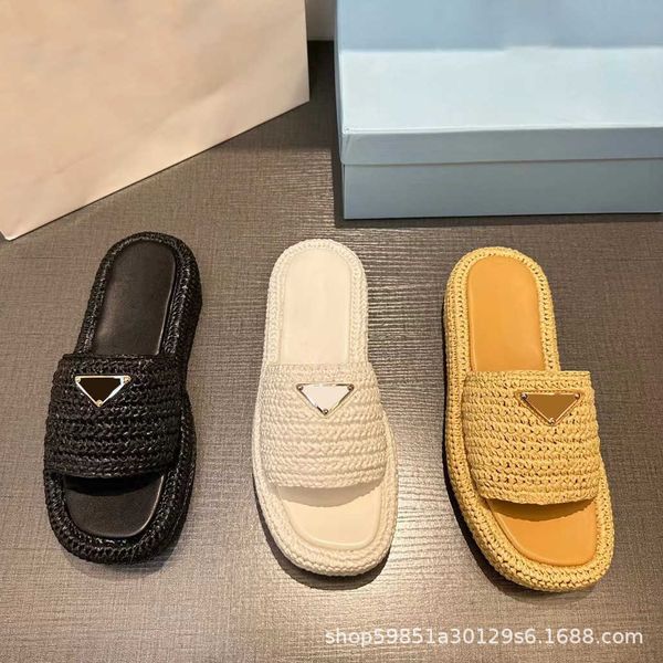 version p family triangle logo handcrafted woven thick sole slippers genuine leather versatile external wear flat bottomed one line sandals, Black
version p family triangle logo handcrafted woven thick sole slippers genuine leather versatile external wear flat bottomed one line sandals, Black