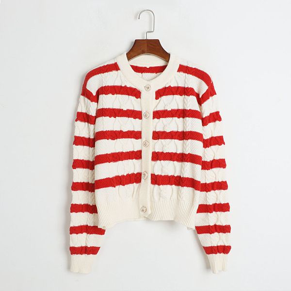 822 2023 autumn women sweater long sleeve crew neck cardigan red black button brand same style striped womens dl, White;black
822 2023 autumn women sweater long sleeve crew neck cardigan red black button brand same style striped womens dl, White;black