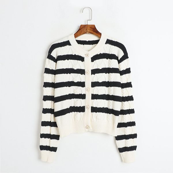 821 2023 autumn women sweater long sleeve crew neck cardigan red black button brand same style striped womens dl, White;black
821 2023 autumn women sweater long sleeve crew neck cardigan red black button brand same style striped womens dl, White;black