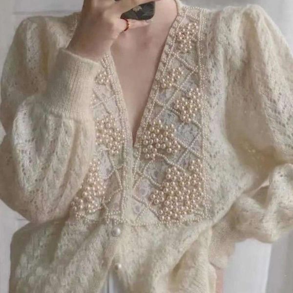 spring and autumn womens sweaters elegant socialite fresh hollow pearl inlaid cardigan sweater coat loose top, White;black
spring and autumn womens sweaters elegant socialite fresh hollow pearl inlaid cardigan sweater coat loose top, White;black