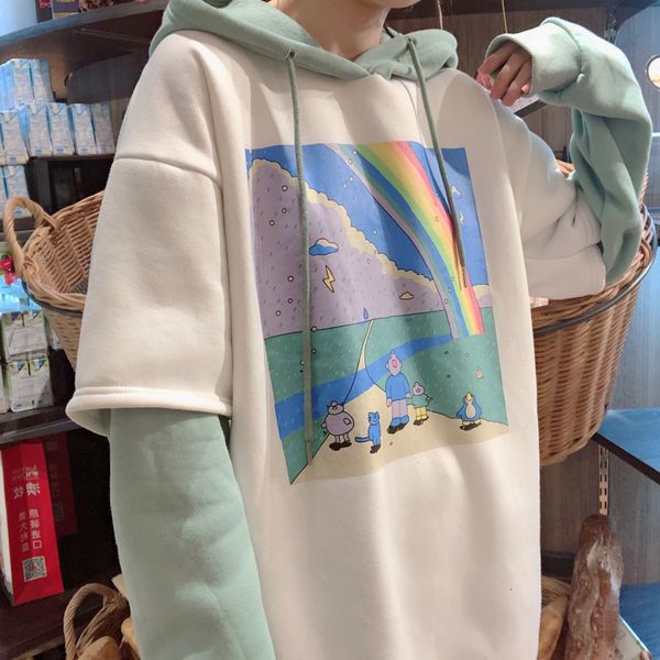 women's hoodies sweatshirt printed patchwork thicker female casual streetwear jumper allmatch loose simple korean style bf drawstring, Black
women's hoodies sweatshirt printed patchwork thicker female casual streetwear jumper allmatch loose simple korean style bf drawstring, Black