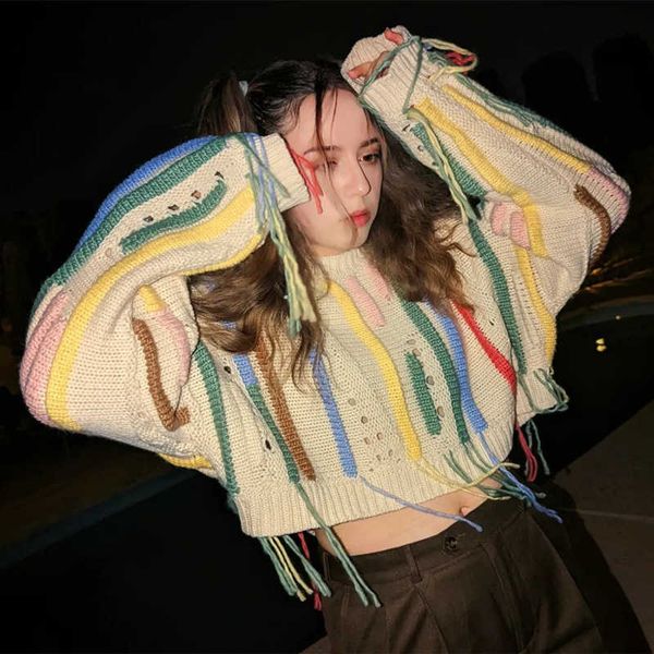 early autumn sweater net red women's new colorblock stripe hole cut out tassel loose versatile short knitted shirt for women, White;black
early autumn sweater net red women's new colorblock stripe hole cut out tassel loose versatile short knitted shirt for women, White;black