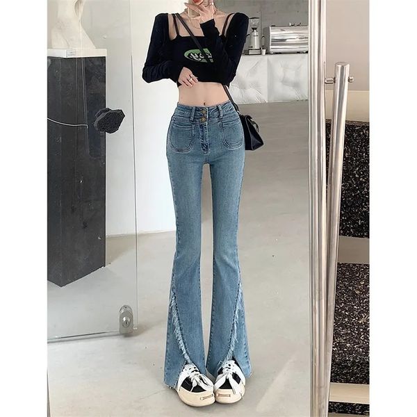 women's jeans duofan blue ladies high waist micro flare pants fashion fur edge split spicy girl style trouser clothing 230826
women's jeans duofan blue ladies high waist micro flare pants fashion fur edge split spicy girl style trouser clothing 230826