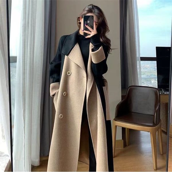 women's wool blends chic woolen patchwork trench coat for women double-breasted cardigan anti-wrinkle lapel winter coat high sense over, Black
women's wool blends chic woolen patchwork trench coat for women double-breasted cardigan anti-wrinkle lapel winter coat high sense over, Black