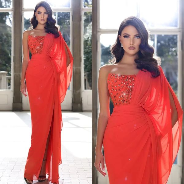 elegant orange evening dresses beads strapless party prom dress pleats split formal long red carpet dress for special occasion, Black;red
elegant orange evening dresses beads strapless party prom dress pleats split formal long red carpet dress for special occasion, Black;red