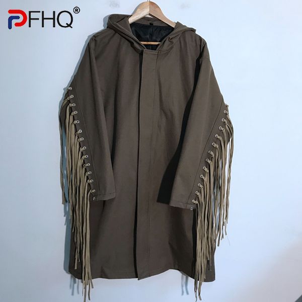 men's trench coats pfhq autumn wearing rope tassel personalized coat hip hop streetwear hooded loose handsome chic windbreaker 21z1582, Tan;black
men's trench coats pfhq autumn wearing rope tassel personalized coat hip hop streetwear hooded loose handsome chic windbreaker 21z1582, Tan;black