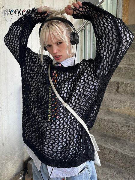 women's sweaters weekeep y2k crochet sweater hollow out loose smock grunge fishnet distressed pullovers oversized knit jumper harajuku, White;black
women's sweaters weekeep y2k crochet sweater hollow out loose smock grunge fishnet distressed pullovers oversized knit jumper harajuku, White;black