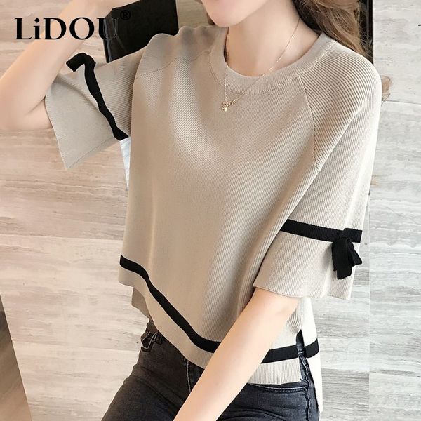 women's t-shirt spring summer oversized elegant fashion bow knitted pullover t-shirt women flare half sleeve temperament all-match tee, White
women's t-shirt spring summer oversized elegant fashion bow knitted pullover t-shirt women flare half sleeve temperament all-match tee, White
